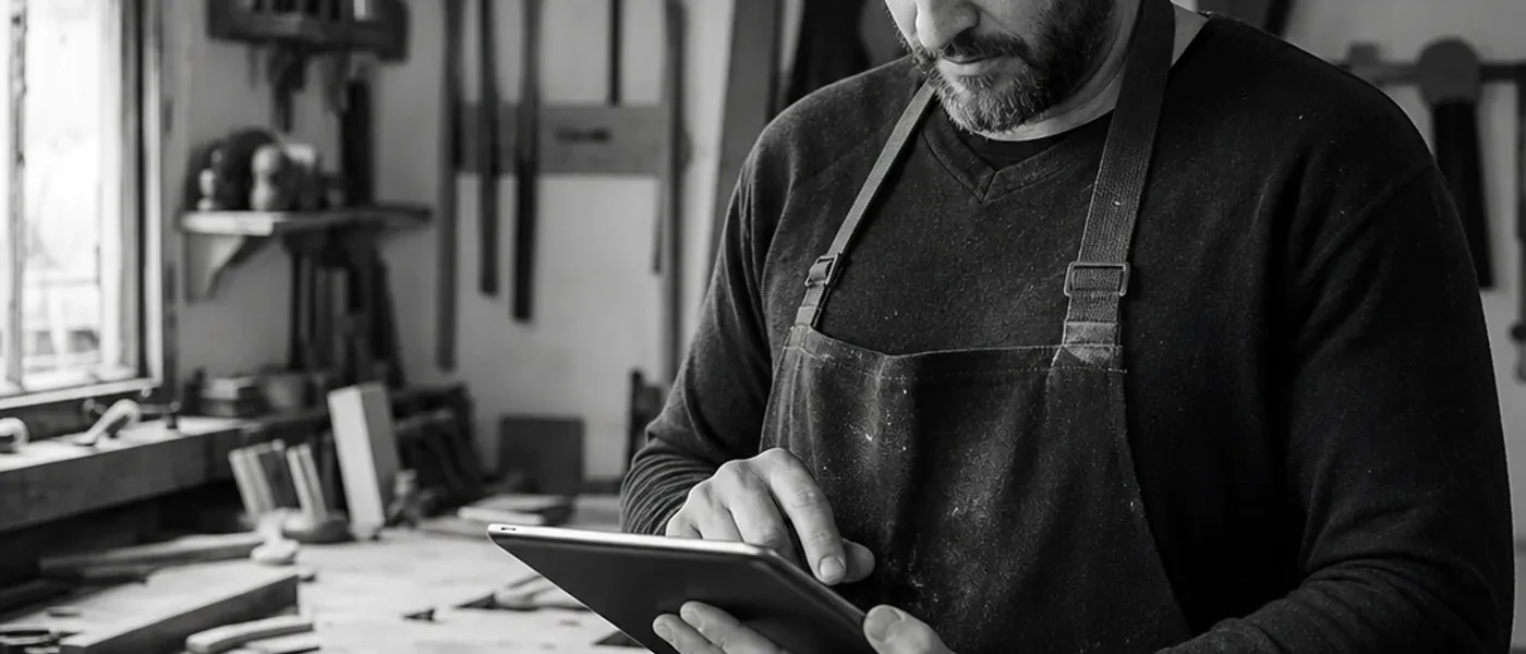 Handwerker nutzt ein Tablet in einer kleinen Werkstatt