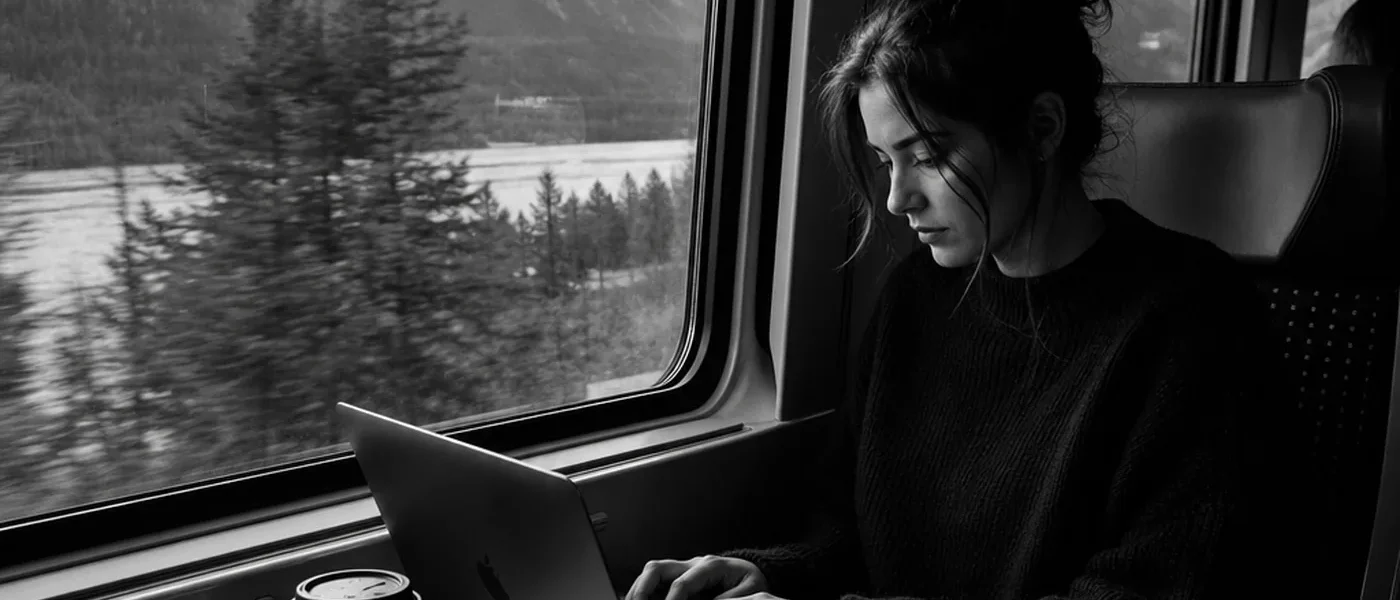 Person arbeitet am Laptop im fahrenden Zug