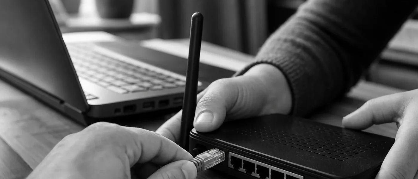 Netzwerkkabel wird an einen Router im Homeoffice angeschlossen